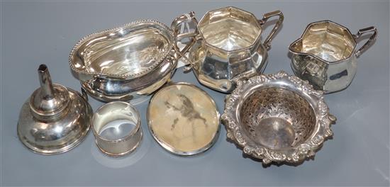 A silver cream jug and sugar bowl(a.f.), one other silver cream jug, a pair of silver bonbon dishes and three other items.